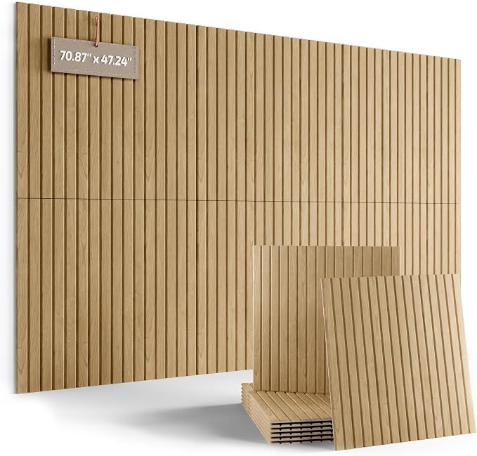 Fluxynara 6-Pack Large Felt Bulletin Board, Natural Oak Slat | 70.87" x 47.24" Cork Board Alternative, Acoustic Wall Panels with 60 Adhesive Tabs for Recording Studios and Home Offices by FLUXYNARA