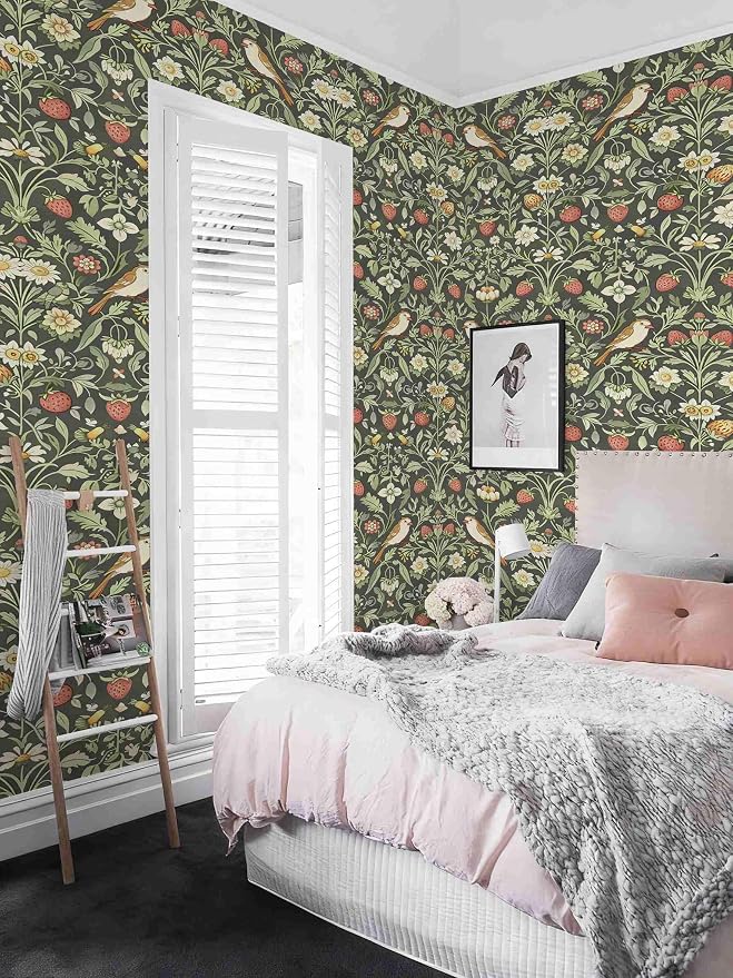 Vintage Wallpaper William Morris Botanical Peel and Stick Wallpaper | Dark sage background with wildflower, bird & strawberry print, removable waterproof vinyl wall covering, bedroom accent decor - Image 5
