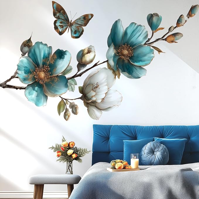 Teal Blue Flower Wall Decals with Butterfly - Large Floral Branch Wall Stickers for Living Room Bedroom, Peel and Stick Vinyl Art, Coastal Farmhouse Chinoiserie Decor, Removable Home Decoration - Image 4