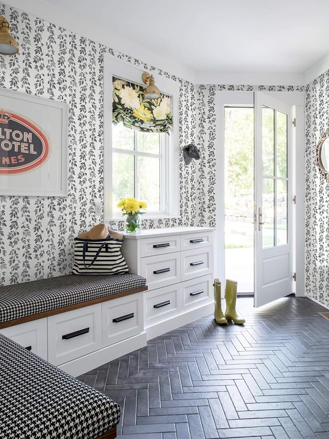 Heroad Grey Wallpaper Vintage Peel and Stick Wallpaper Leaf Contact Paper Cottage Core Wall Paper Self Adhesive Removable Wallpaper for Bathroom Bedroom Kitchen Watercolor Decor Vinyl 17.3''x78.7'' - Image 9