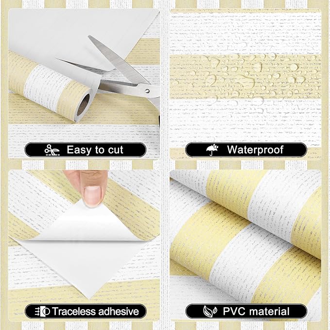Yellow Stripe Peel and Stick Wallpaper 15.7" x 118" | Yellow and White Striped Boho Self-Adhesive Contact Paper Removable Waterproof Wallpaper for Bedroom,Cabinets,Drawer Liners - Image 3