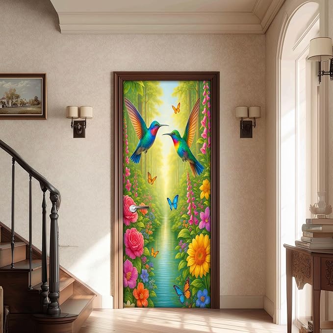 HOMETITUTE Hummingbird Flower Forest Nature Peel Stick Door 30.3x78.7 PVC | Wall Cover Poster Decals Removable Wallpaper Self Adhesive Livingroom Bedroom - Flower Forest - Image 2
