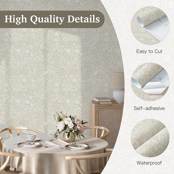 Guvana Beige and Cream White Peel and Stick Wallpaper Floral Wallpaper Slef Adhesive Removable Waterproof Contact Paper Boho Wall Paper for Dining Room Bedroom Living Room Bathroom Kitchen 17.3“×197” - Image 2