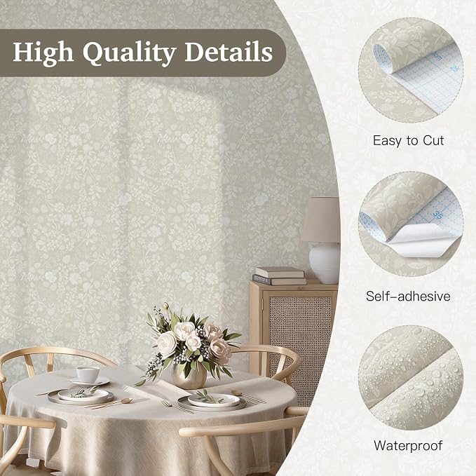 Guvana Beige and Cream White Peel and Stick Wallpaper Floral Wallpaper Slef Adhesive Removable Waterproof Contact Paper Boho Wall Paper for Dining Room Bedroom Living Room Bathroom Kitchen 17.3"×394" - Image 2