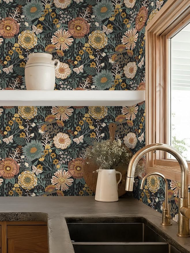 Dimoon Boho Retro Wallpaper Peel and Stick Wallpaper Vintage Floral Contact Paper 17.3''x197'' Dark Black Bohemian Removable Wall Paper Renter Friendly Waterproof Wall Mural Bedroom Bathroom Vinyl - Image 3