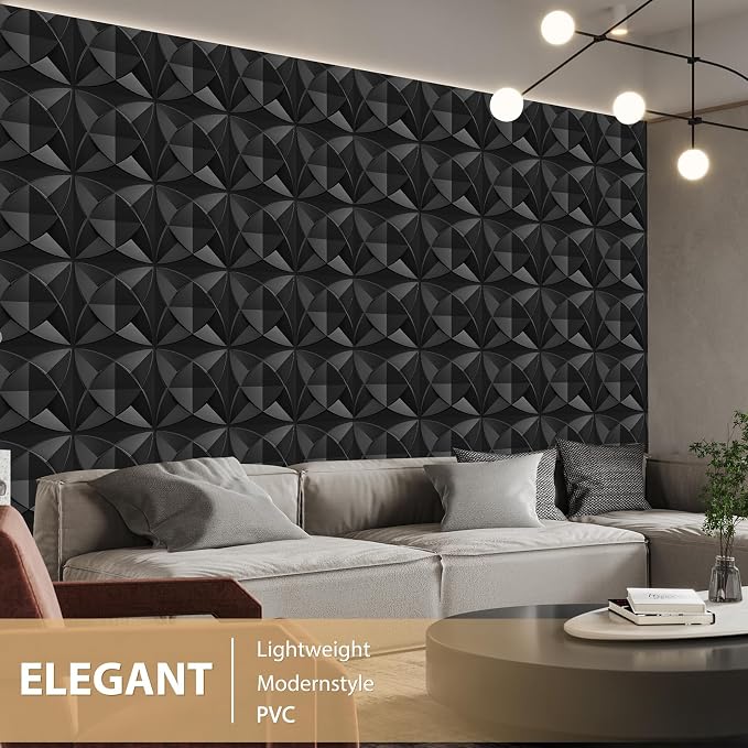 Heikki 30 Pack 3D Wall Panel for Interior Wall Décor, PVC Flower Textured Wall Panels for Living Room Bedroom Hotel Office, 11.8"x11.8", Double-Sided Tape (Black-LJH) - Image 5