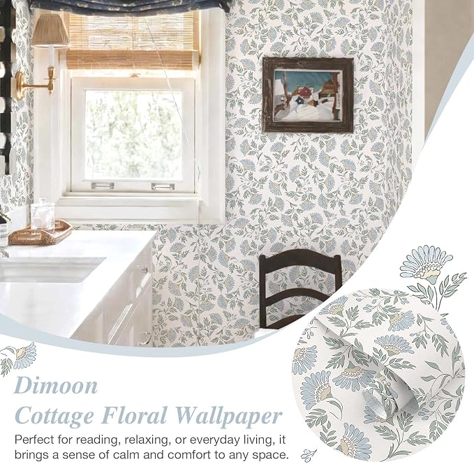 Floral Peel and Stick Wallpaper Blue Contact Paper Morden Cottage 394×17.3" | Grandma Chic Cute Wallpaper Small Flower Renter Friendly Removable Boho White Wall Paper for Bathroom Bedroom Vinyl - Image 9