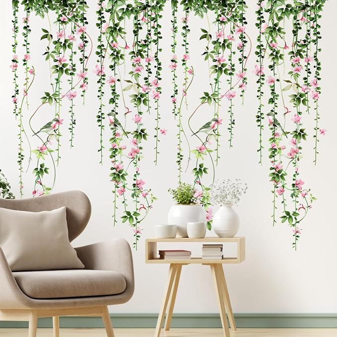 4 Sheets Hanging Vines with Flowers Wall Decals Green Plant Leaves Wall Stickers Pink Cherry Blossom Vine Wall Art Hanging Flower Tree Branches Bird Wall Murals for Kids Bedroom Nursery Decoration 20 by DTLIFEK