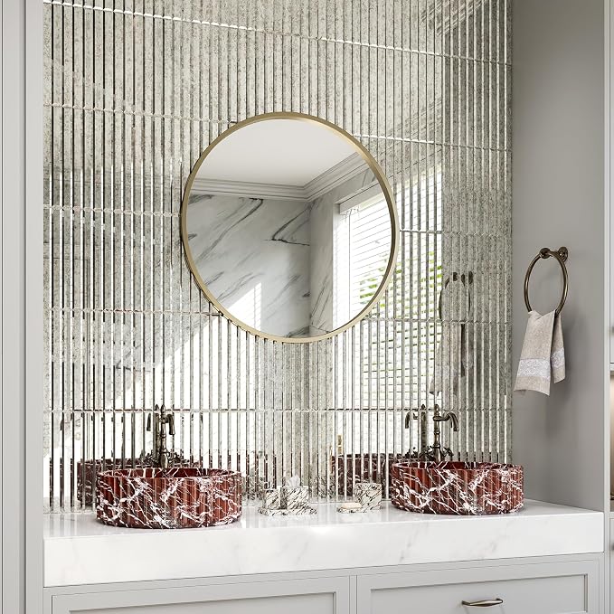 Beveled Antique Mirror Glass Tile,12x12 Inch Mirror Strip Backsplash Tiles for Kitchen Bathroom Shower Wall 5 Sheets - Image 2