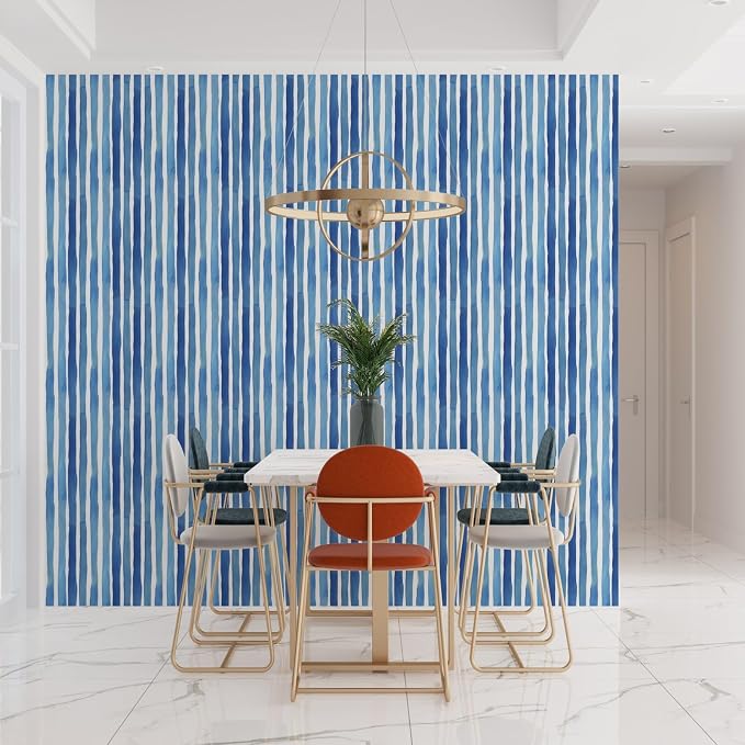 Watercolor Blue Vertical Stripe Peel and Stick Wallpaper 17.3" x 197" Modern Abstract Geometric Contact Paper, Waterproof Self-Adhesive Removable Vinyl Wallpaper for Bedroom, Cabinets, Bathroom Decor - Image 3