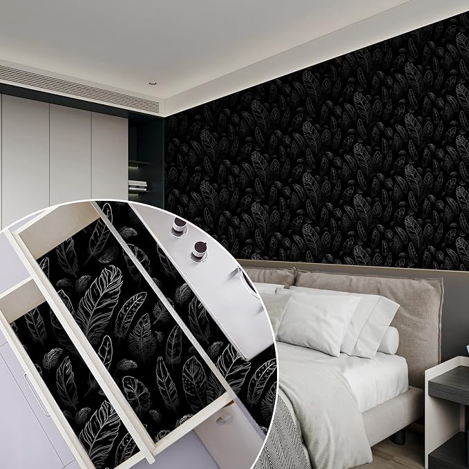 Black Peel and Stick Wallpaper 17.7"x80" Feather Wallpaper Removable Modern Vinyl Wall Paper Waterproof Contact Paper for Bedroom Living Room - Image 7