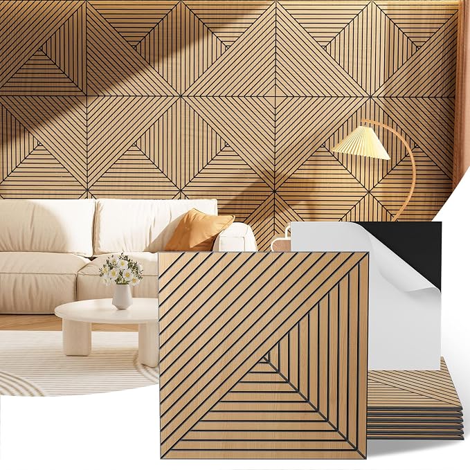 Acoustic Wall Panels, 6 Piece 23.62"X 23.62" PVC Peel and Stick Wall Panels | High-Density Polyester Fiber Self Adhesive Soundproofing for Interior Wall Décor, Recording Studios, Teak by Vellorise