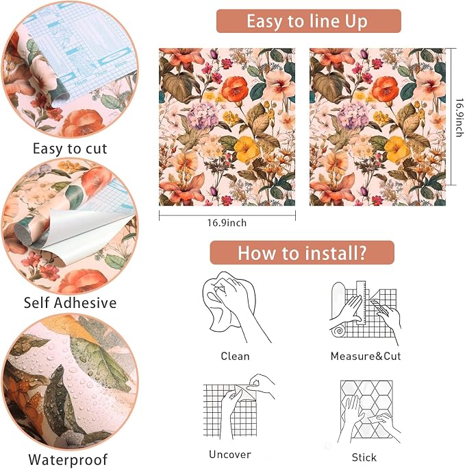 Jeweluck Floral Peel and Stick Wallpaper Vintage Floral Contact Paper Peel and Stick 16.9”x118.1” Poppy Flower Wallpaper Boho Leaf Wall Paper Removable Self Adhesive Decorative for Cabinets Vinyl - Image 5