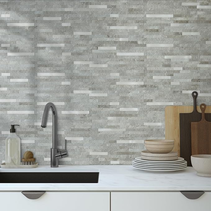 AULIGET 2 Sheets Mountain Rock Peel and Stick Backsplash, PVC Mixed Metal Gold Wall Tile Stick on Backsplash for Kitchen and Bathroom - Image 2