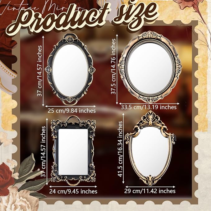 Beeveer 4 Pcs Vintage Gold Wall Mirror Set Luxury Gallery Wall Mirror Decorative Hanging Antique Decor for Living Room Entryway Wedding Bedroom Bathroom Victorian Decor (Vintage,Bronze Gold) - Image 2