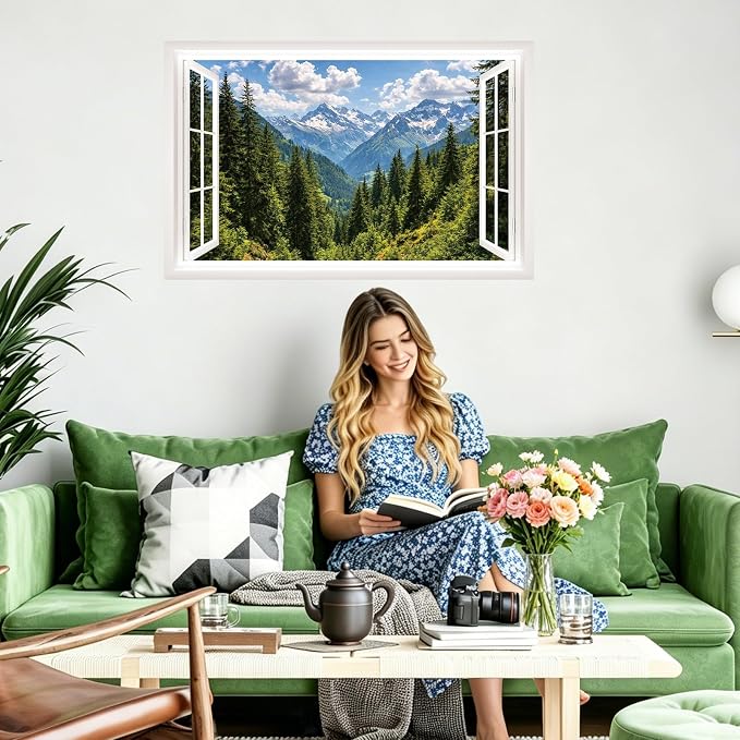 IARTTOP Fake Window View Wall Murals Stickers 33"x20.4" Snow Mountain Pine Forest Valley Landscape Wall Decal Art Large Nature Scenery Decals Decor for Bedroom Farmhouse Living Room - Image 4