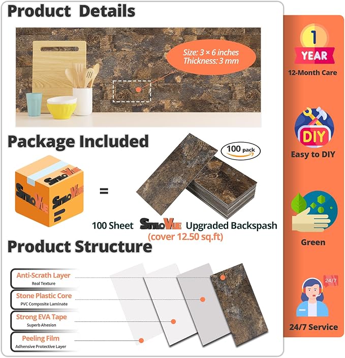 StyloVue 100 Pieces Peel and Stick Backsplash for Kitchen, 3" x 6" PVC Subway Tile 2026 Upgraded Rust Slate Backsplash Stick on Tile Elevate Kitchen, Bathroom, Fireplace,RV - Image 3