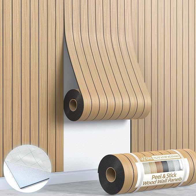NEPIS Peel and Stick Wood Slat Wall Panels, 3D PVC Faux Oak Wood Wallpaper | 15.75"x118" Soundproof Wall Panels with Self Adhesive, Wall Coverning for Accent Walls Ceiling Bedroom Bathroom Kitchen Decor by NEPIS