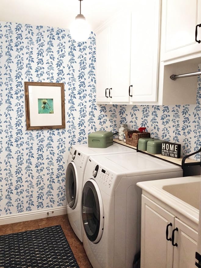 Ismoon Blue Wallpaper Peel and Stick Vintage Wallpaper 17.3in x 16.4ft Blue Leaf Contact Paper Vintage Cottage Wall Paper for Bedroom Bathroom Kitchen Nursery Removable Vinyl - Image 3