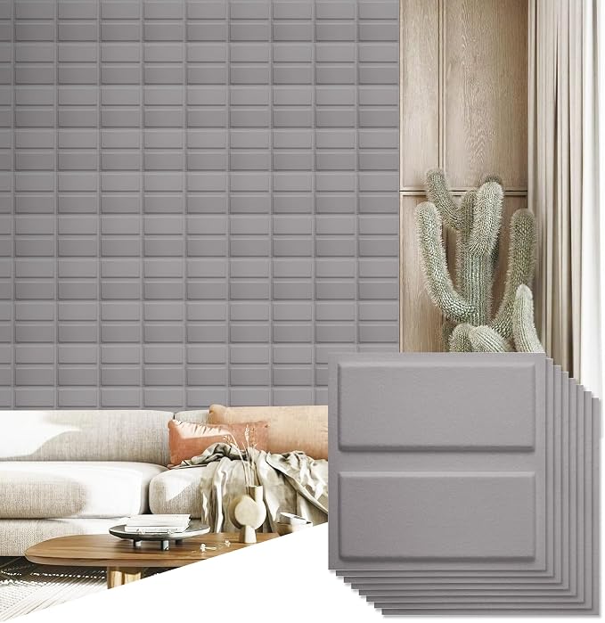 12 Pack 3D Wall Panels for Interior Wall Decor, Accent Wall Panels for Office Living Room Bedroom Hotel Lobby, 12''x12'' Fiber Chocolate Wallpapers Cover 12.Sq.Ft（Gray） by Unknown
