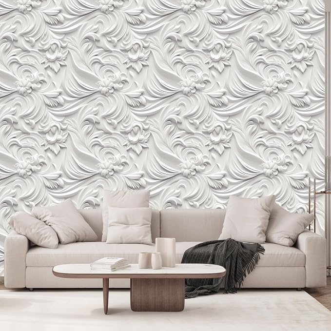Peel and Stick Wallpaper White Gray Scroll Floral Modern - Image 5