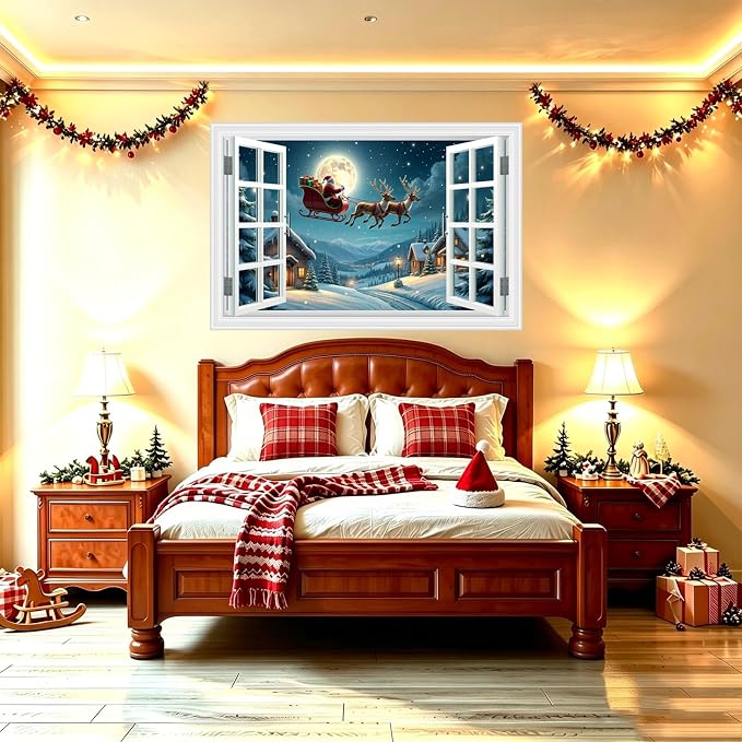 Fake Window Wall Decal - Christmas Night Santa Carry Gifts on The Roof | ｜Faux Window Merry Christmas Wall Art Mural ｜ Stick and Peel Wall Decals｜for Xmas Room Bedroom Office Scene Decor｜24"x16" - Image 8