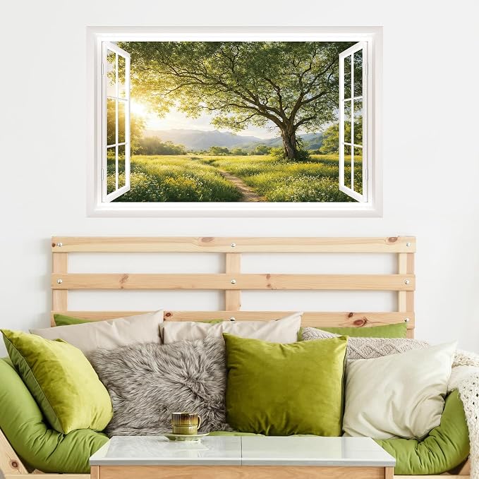 IARTTOP Fake Window Wall Mural Sticker 33"x20.4" Green Tree Sunrise Mountain Countryside Nature Scenery Wall Decal Window View Landscape Decals Decor for Bedroom Living Room Office - Image 5