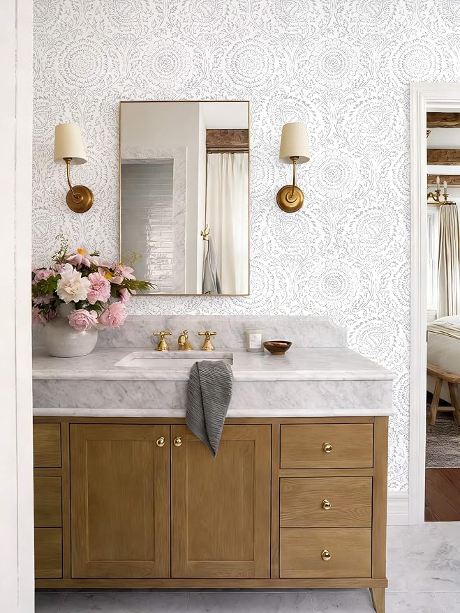 Ismoon Floral Peel and Stick Wallpaper Boho Grey and White Contact Paper | 17.3x393in Light Gray Wall Paper Textured Self Adhesive Removable Wallpaper for Bedroom Kitchen Renter Friendly Vinyl - Image 4