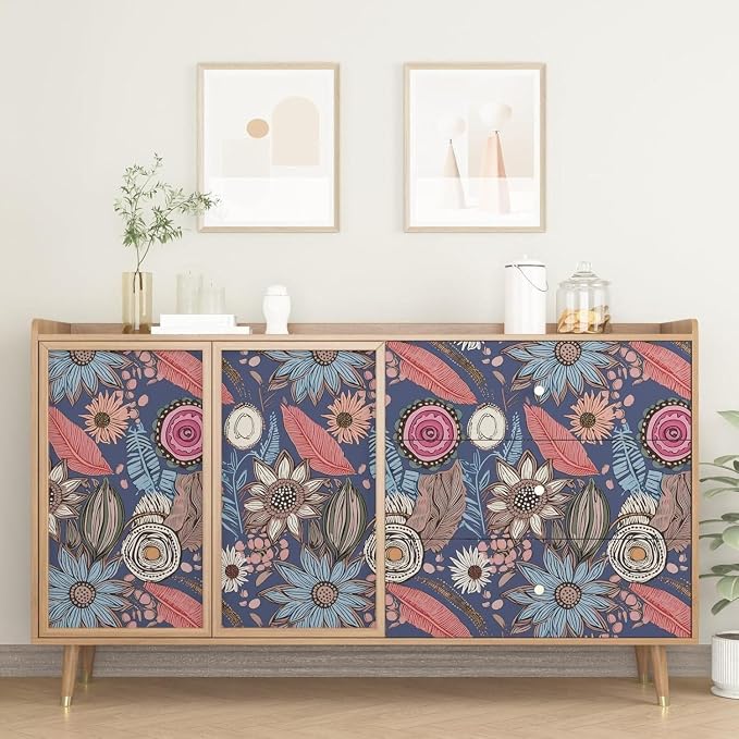 Laatse Boho Wallpaper Peel and Stick 17.5"x118", Blue Pink Contact Paper | Self Adhesive/Removable/Waterproof/Thick Vinyl Wall Paper for Bathroom Bedroom Shelf Cabinet Drawer,Prepasted,Easy Peel - Image 3