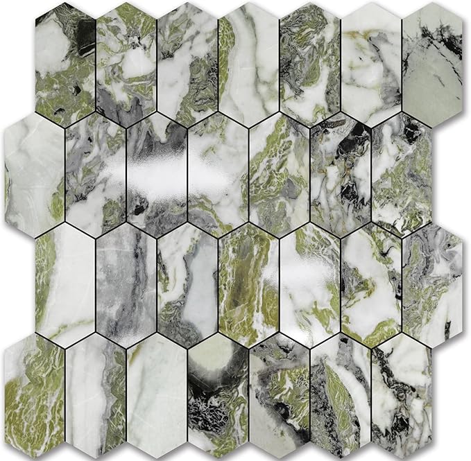 Vamos Tile Long Hexagon Peel and Stick Backsplash Tile - 10 Sheets Stick on Backsplash for Kitchen and Bathroom 12.4 x 12 Inch Glossy Ice Green PVC Self Adhesive Mosaic Wall Tiles by VamosTile