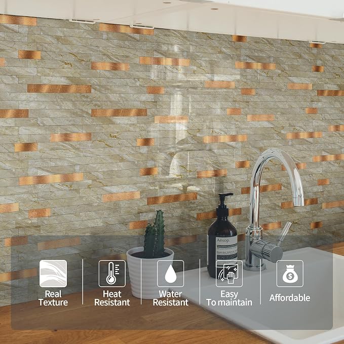 Yipscazo 20 Sheets Peel and Stick Stone Metal Tile Backsplash, Stick on Tiles for Backsplash Kitchen, Bathroom, Laundry Room, Camper, Fireplace (12'' X 12'', Polished Beige) - Image 3