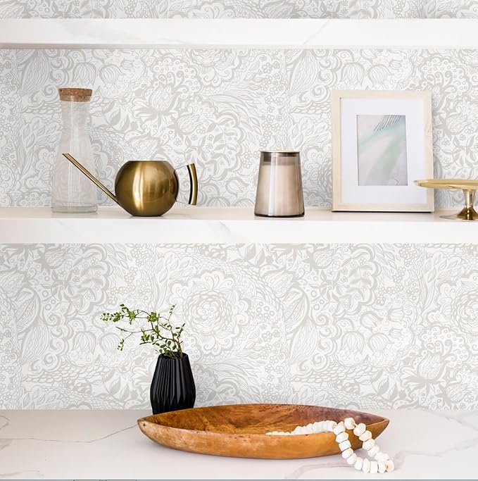 Peel and Stick Wallpaper Boho Grey and White Floral Wallpaper for Bedroom Bathroom Removable Self-adhsive Contact Paper for Cabinets Nursery Shelf Liner 17.3" x 394" - Image 4