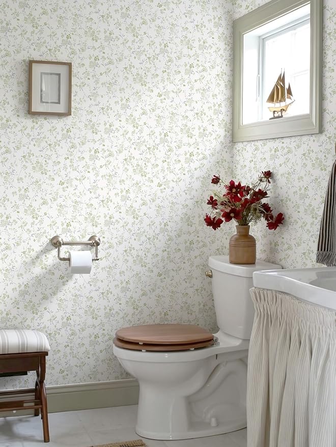 Peel and Stick Wallpaper for Nursery Green Cherry Blossom Waterproof | 197"×17.3" Green Floral Watercolor Wallpaper Gentle Accent Wall Decor with Grid Lines for Bedroom Vinyl Self-adhesive - Image 6