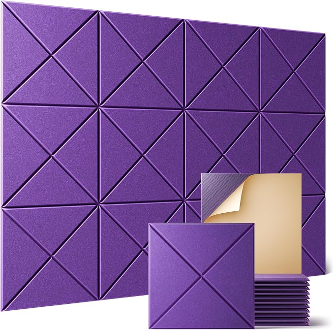 Sonicism 12 Pack X-Lined Acoustic Panels with Self-Adhesive, 12"X 12"X 0.4" Sound Proof Foam Panels, Decorative Soundproof Wall Panels, Sound Absorbing Tile for Home & Offices, Violet by Sonicism