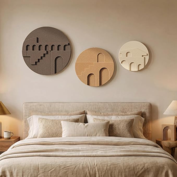 3D Textured Round Neutral Abstract Boho Wall Art for Living Room, 3 Piece | Modern Minimalist Geometric Sculpture Artwork for Walls, Bohemia Earth Tone Paintings, Bedroom Dining Room Office Wall Decor - Image 6