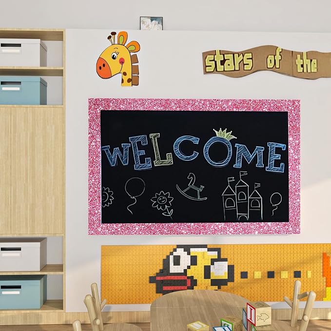 FunStick 3.9"x472" Dark Pink Glitter Peel And Stick Bathroom Mirror Frame Self Adhesive Sparkle Pink Wall Paper Stickers For Classroom Bulletin Board Waterproof - Image 3