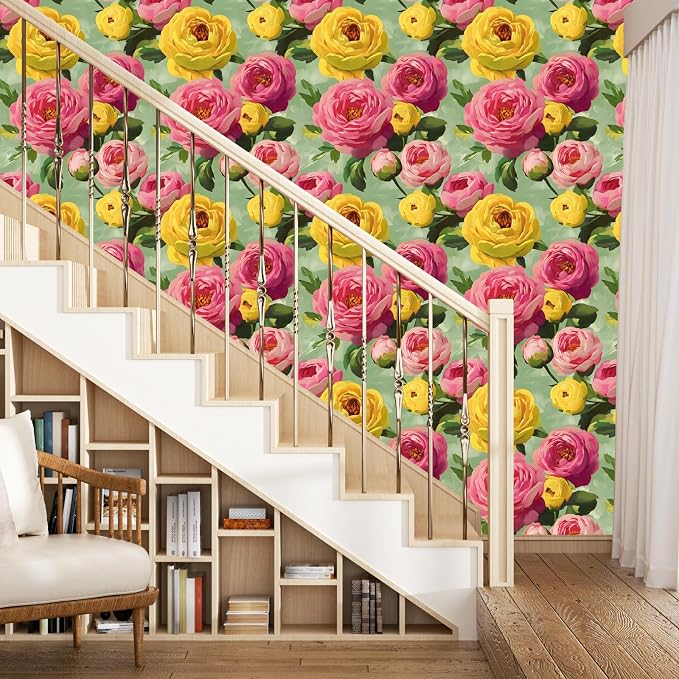 BOKEBEVE Floral Wallpaper Peel and Stick Boho Pink Green 17.5 x 393.7In | Extra Long Removable Renter Friendly Colorful Watercolor Wall Paper for Bedroom Bathroom Living Room Feature Accent Wall - Image 6