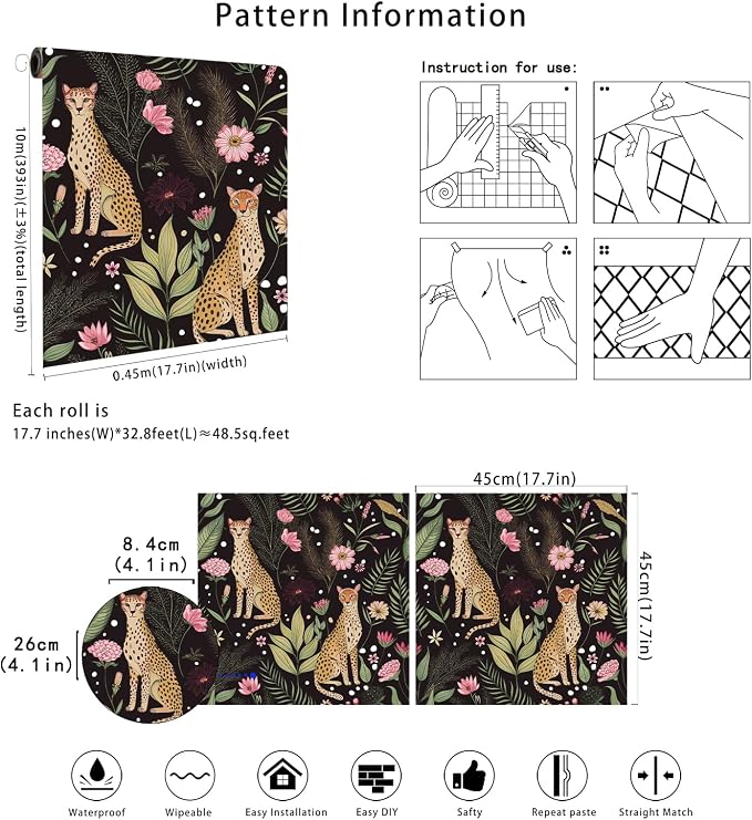 Floralplus Black Leopard Wallpaper Peel and Stick Wallpaper Removable Vintage Floral Wallpapers Dark Jungle Cheetah Renter Friendly Self Adhesive Contact Paper for Countertop 17.5 x 393 in - Image 7