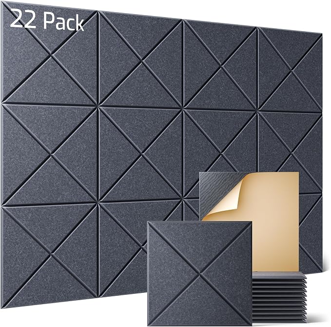 Sonicism 22 Pack X-Lined Acoustic Panels with Self-Adhesive, 12"X 12"X 0.4" Sound Proof Foam Panels, Decorative Soundproof Wall Panels, Sound Absorbing Tile for Home & Offices, Moonlight Gray by Sonicism