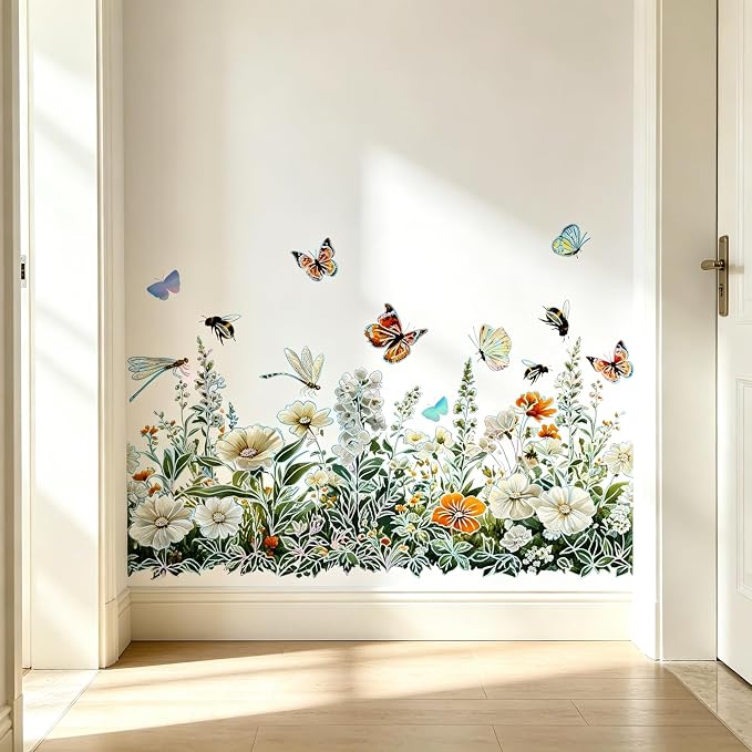 Watercolor Wildflower Wall Decals, Peel and Stick Floral Border Stickers with Colorful Butterflies Baseboard, Removable Botanical Wall Art for Bedroom, Nursery, Living Room and Staircase Decor by TuitagerL