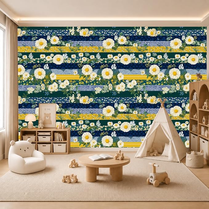 Striped and Multicolored Flowers Removable Self-Adhesive Wallpaper for Bedroom & Living Room Decor 17.7×236 Inch,Waterproof Wall Covering for Accent Walls, Apartment, Nursery - Image 4