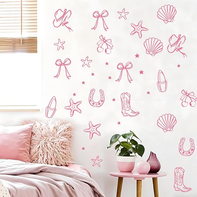 Seaside Cowgirl Wall Decals, Peel and Stick Under the Sea Coastal Cowgirl Mural, Western Beach Wall Stickers for Kids, Boys and Girls Room & Nursery Decor ((Pink Cowgirl Bow Wall Decals) - Image 4