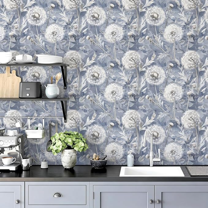Jeweluck Blue Floral Peel and Stick Wallpaper Dandelion 16.9" x 118.1" | Vintage Blue Contact Paper Peel and Stick Dandelion Boho Self Adhesive Removable Wallpaper for Bathroom Cabinets Decorative - Image 7