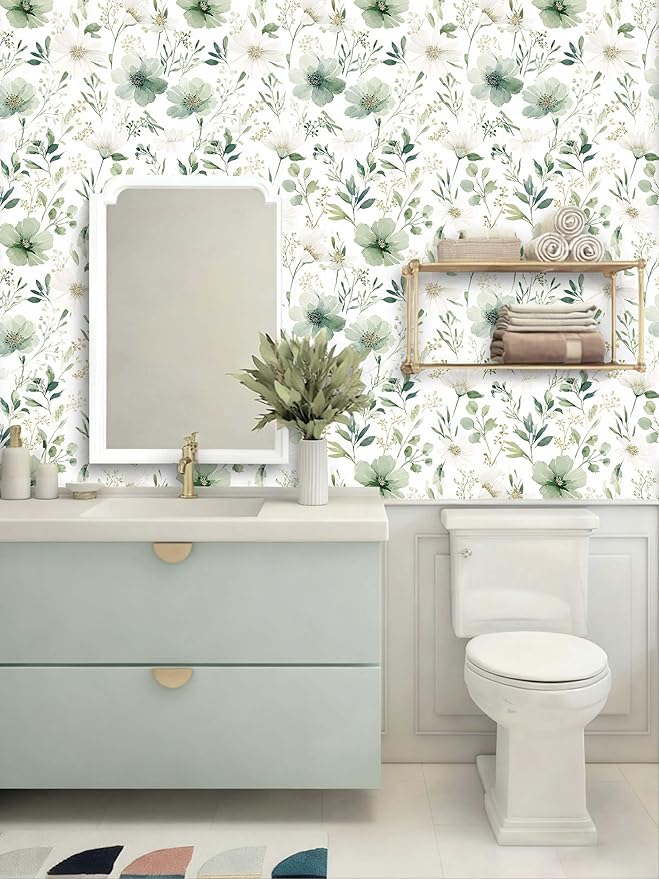 Sage Green Floral Peel and Stick Wallpaper 17.7" x 70.8" | Thick removable watercolor natural flower design for renters and bedroom accent walls - Image 3