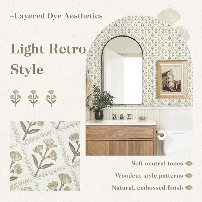 Dimoon 17.3''x78.7'' Peel and Stick Wallpaper Floral Beige Boho Neutral Cute Contact Paper Vintage Village Country Cottage Wallpaper Farmhouse Renter Friendly Geometry Waterproof Kitchen Bedroom - Image 5