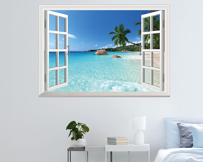 FLFK Fake Window Wall Sticker - Summer Beach Faux Window Wall Mural for Wall Decor, Stick and Peel Wall Decals,48"x32",Set of 2 Sheets - Image 2