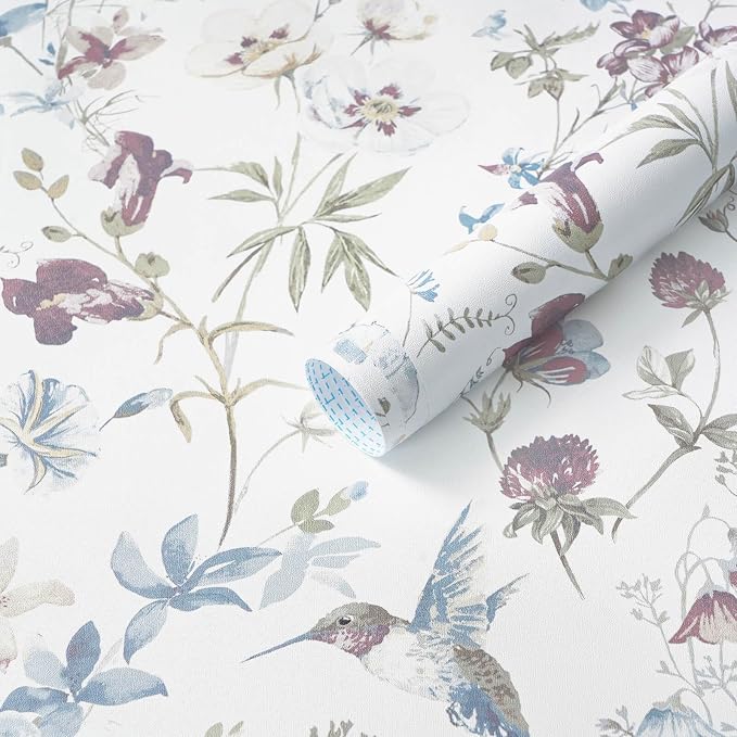 Ismoon Floral and Bird Peel Stick Wallpaper Blue Contact Paper 17.3x78.7in | Hummingbird Flower Wall Paper Removable Self Adhesive Waterproof Vinyl Wallpaper for Bedroom Cabinet Wall Decro by Ismoon