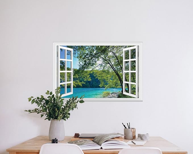 FLFK Fake Window Wall Sticker - Lakes in The Jungle Faux Window Wall Mural for Wall Decor, Stick and Peel Wall Decals,24"x16" - Image 3