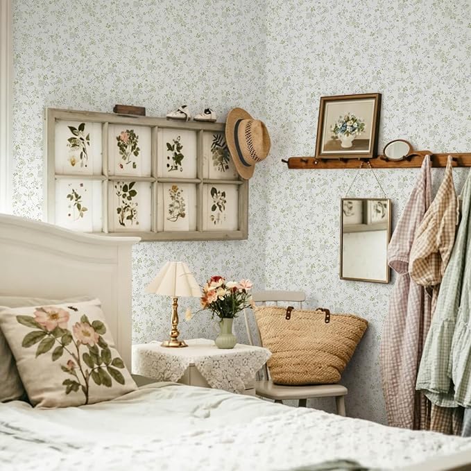 Peel and Stick Wallpaper for Nursery Green Cherry Blossom Waterproof | 78.7"×17.3" Green Floral Watercolor Wallpaper Gentle Accent Wall Decor with Grid Lines for Bedroom Vinyl Self-adhesive - Image 4