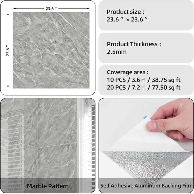 WADLE Peel and Stick Tile Shower Waterproof Marble Tiles Wall Panels, 23.62"x23.62" Self-Adhesive Backsplash Tile, 20 Pack Gray - Image 2